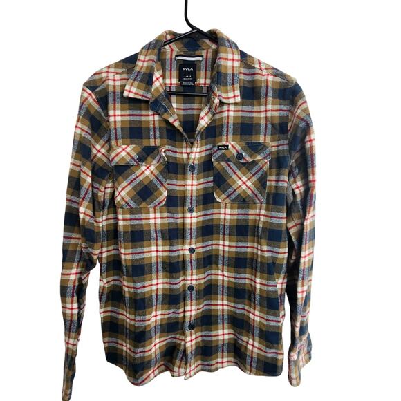 RVCA Flannel Shirt Mens L Brown Blue Plaid Button Front Heavyweight Regular Fit - Picture 1 of 8